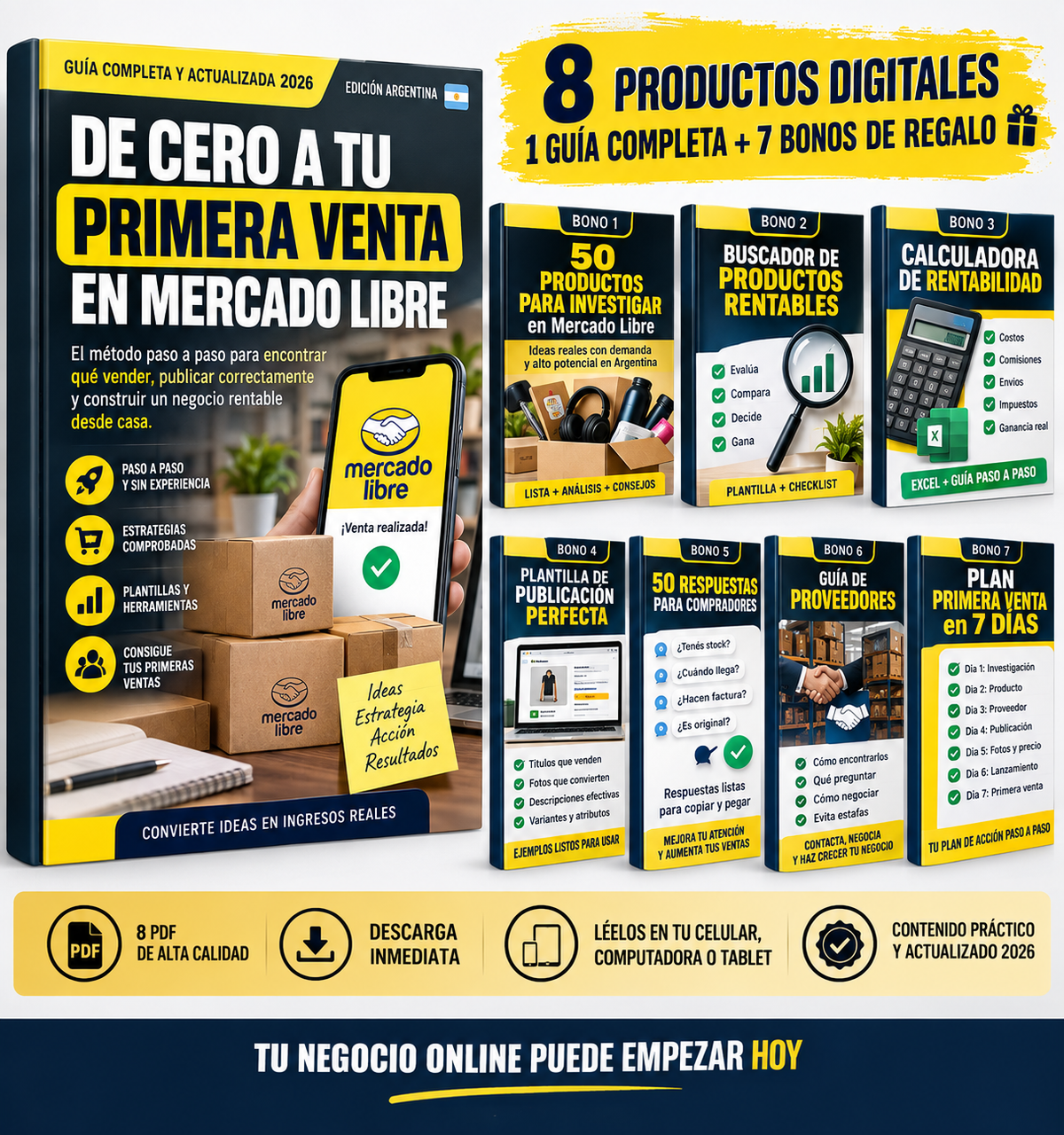 DE CERO A TU PRIMERA VENTA EN MERCADO LIBRE 📘 GUÍA PRINCIPAL + 🎁 7 BONOS = 8 PRODUCTOS DIGITALES